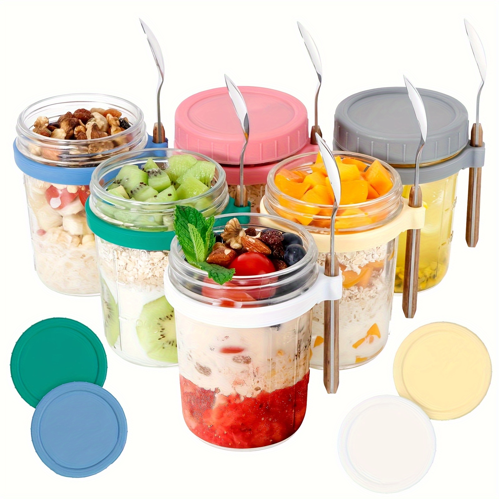 TEMU 12 Pack Overnight Oats Container Jars, 16 Oz Glass Airtight Yogurt Oatmeal Jars, Overnight Oats Containers With Lids And Spoons, Large Capacity
