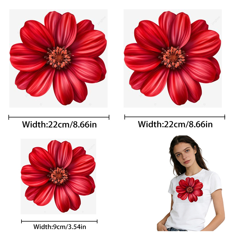TEMU 3pcs Red Flower Heat Transfer Stickers, Hd, Tear-resistant, Iron-on Appliques, Durable Plastic, T-shirt Making, Pillow Decoration, Multicolor,