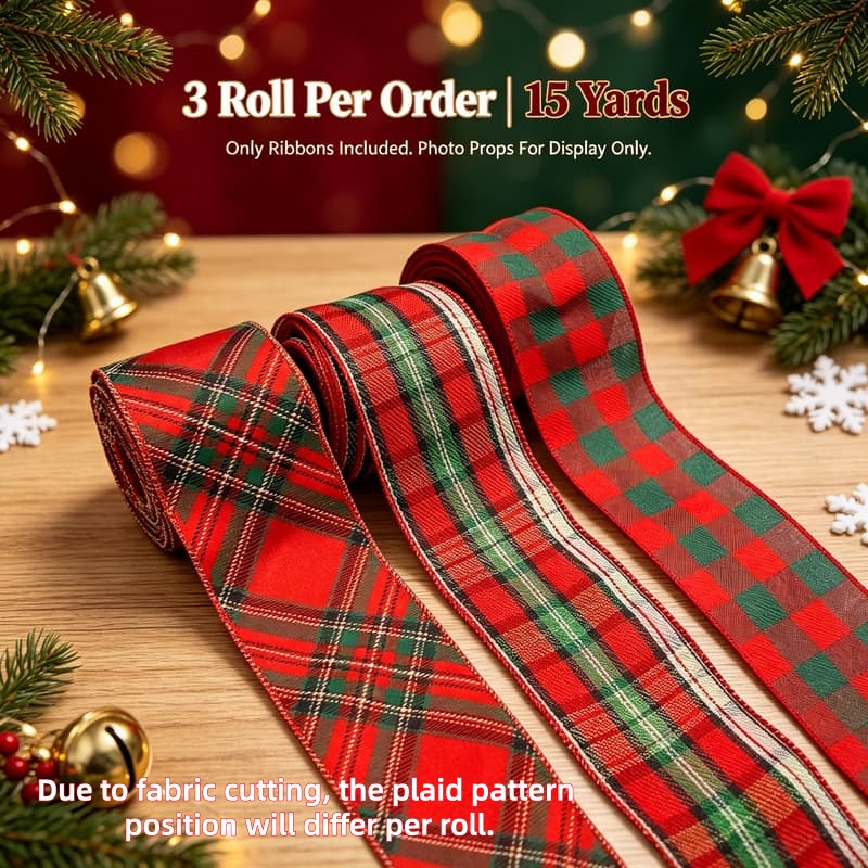 TEMU 3 piezas Total 15 yardas (2.5 pulgadas 6.3 cm) Cinta de de satén a cuadros navideños rojos y verdes con de alambre para hacer , decoración de