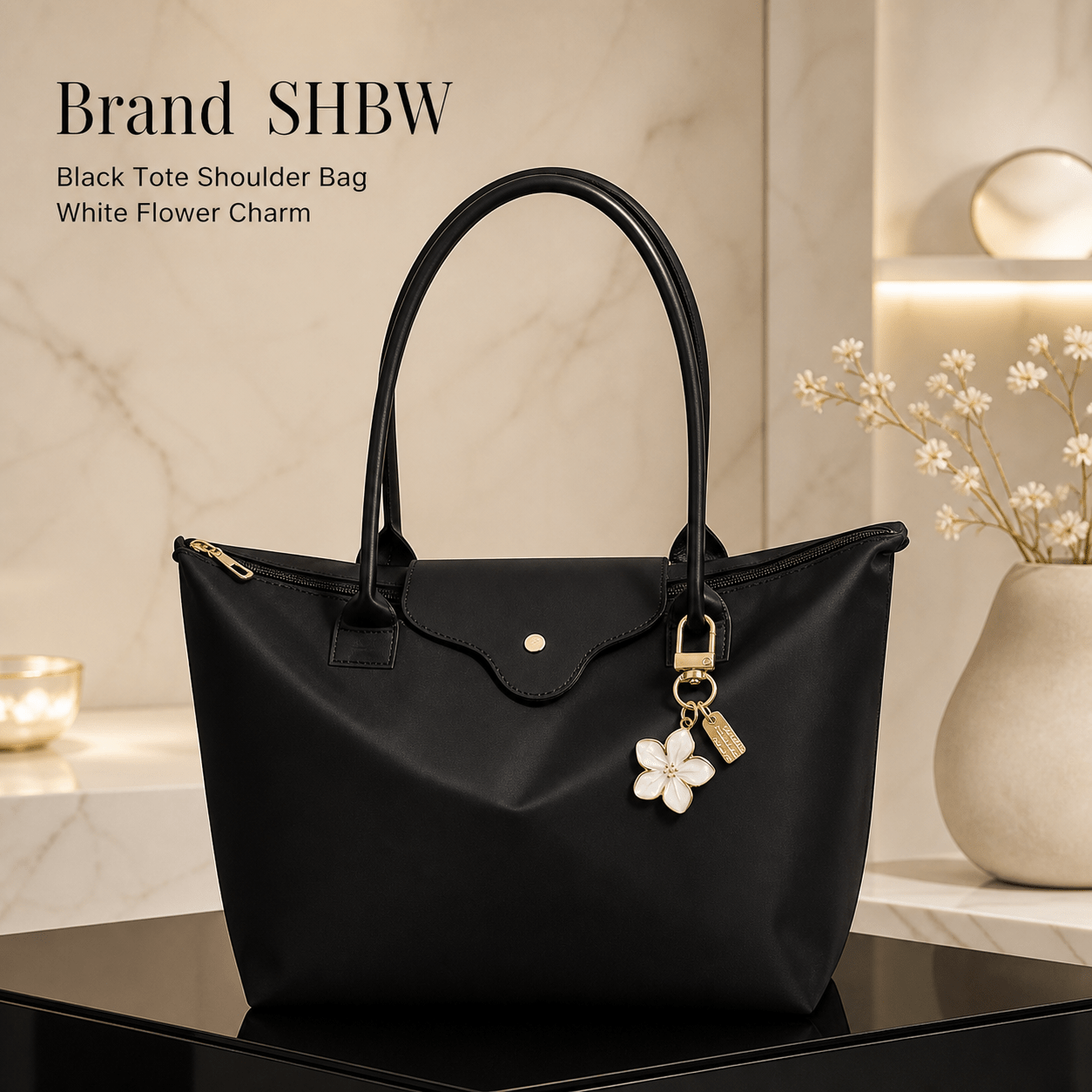 TEMU Brand Shbw Black Tote Shoulder Bag With Detachable White Flower Charm, Simple Solid Color Large Capacity Zipper Handbag For Work, Shopping,