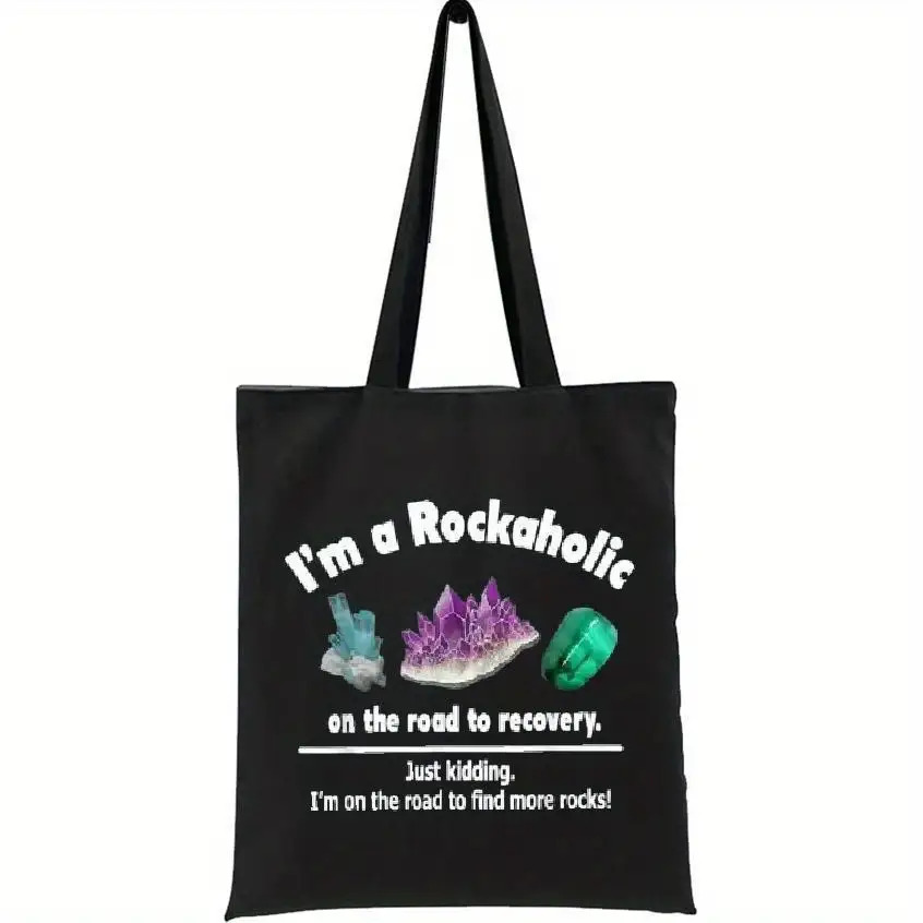 TEMU 1pc Vintage Humorous "i'm A Rockaholic" Tote Bag - Women's Shopper Bag With Colorful Mineral Graphics, Design & Fixed Shoulder Straps For