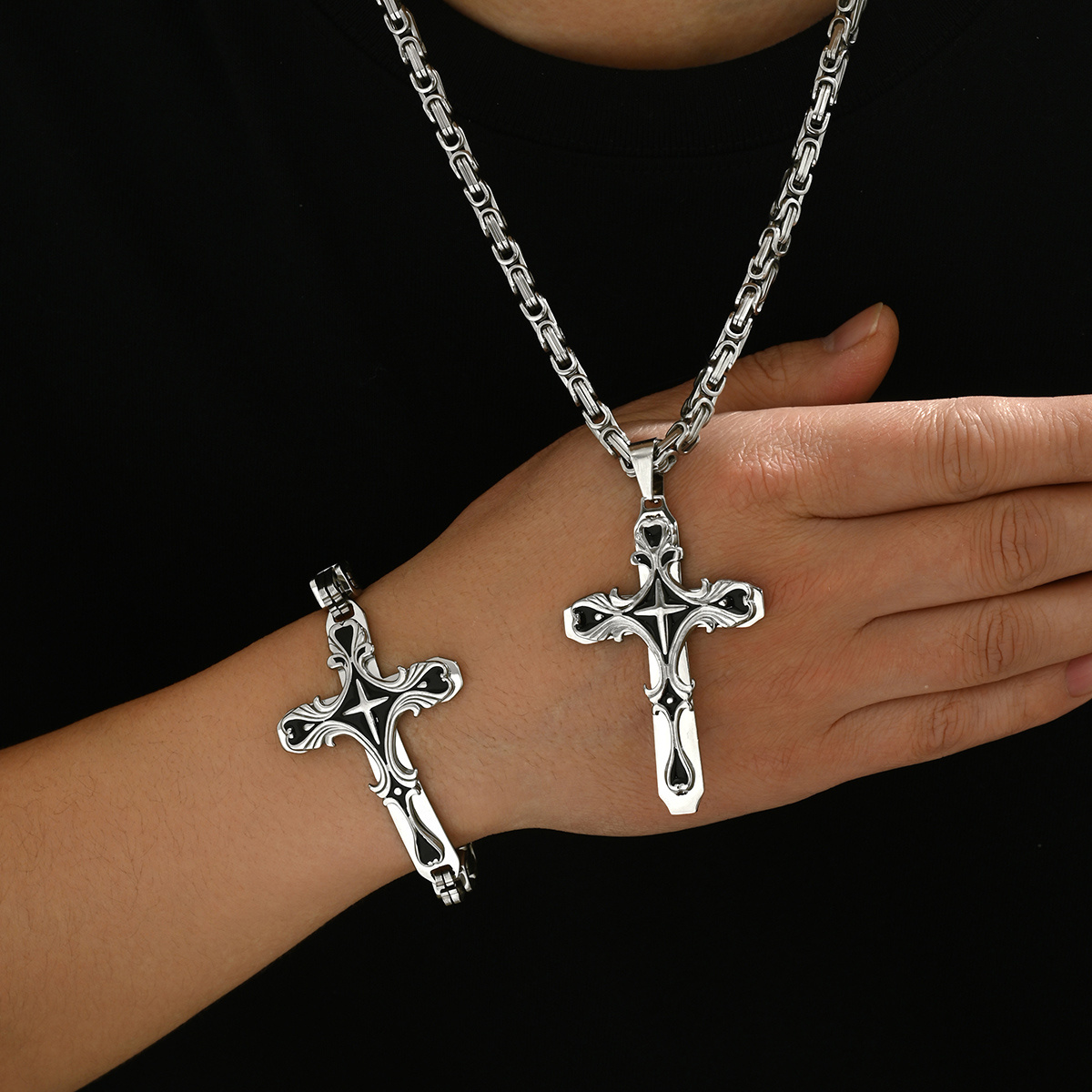 Stainless Steel Cuban Chain Necklace and Bracelet Set Image 2
