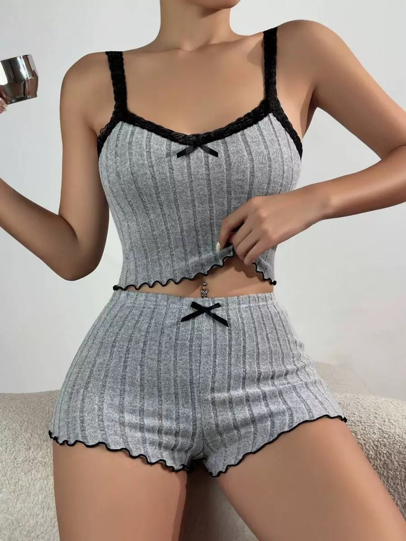 New Women's Pajama Set with LACE Convertible Camisole Top and Shorts, Elegant Lace Homewear for Ladies