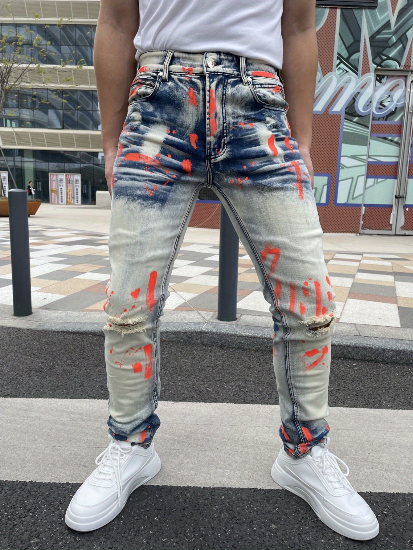 Cool Printed Ripped Jeans LOGEQI Men's Slim-Fit Black Ripped Jeans