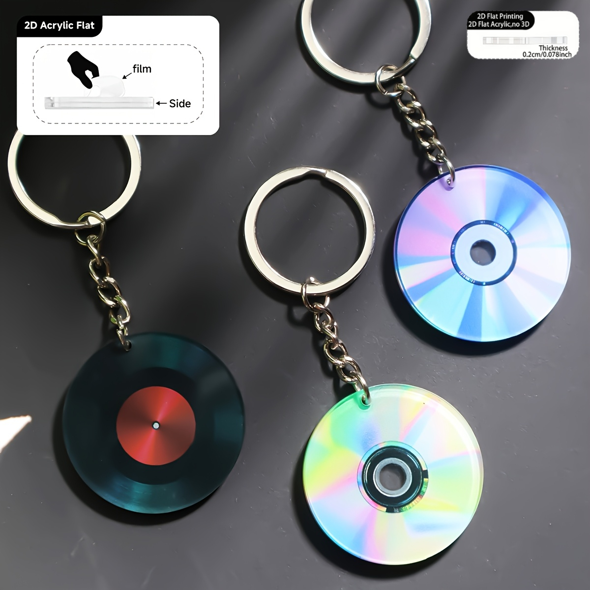 TEMU Plat 2D, Plat 2D Lot de 3 Mini Porte-clés Pendentif Charme de Sac en Acrylique à Motif Mini CD de Musique | Cadeau Unique d'Anniversaire et de