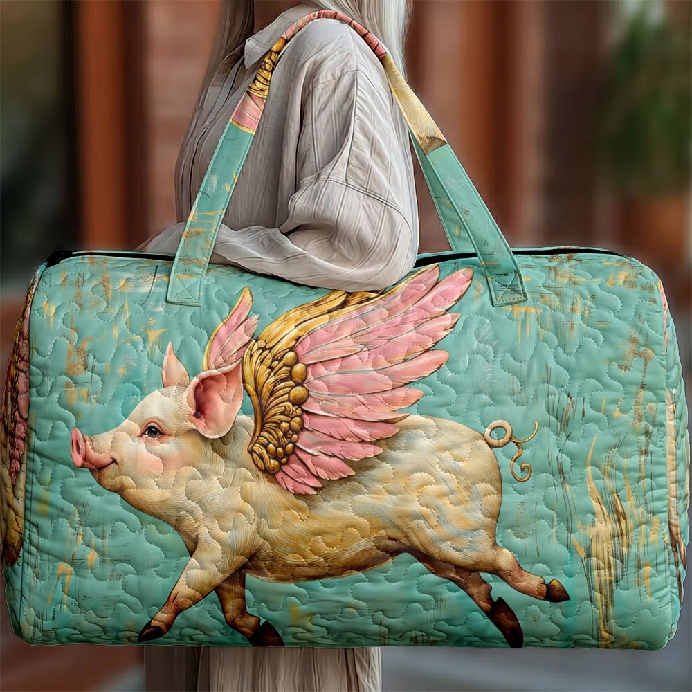 Image of Women's Turquoise Flying Pig Print Shoulder Bag With Pink Golden Wings - Zipper Closure Handbag Suitable For, Work & Daily Use, Machine Washable Bag With Pig, Multiple Styles For Shopping And Outfits