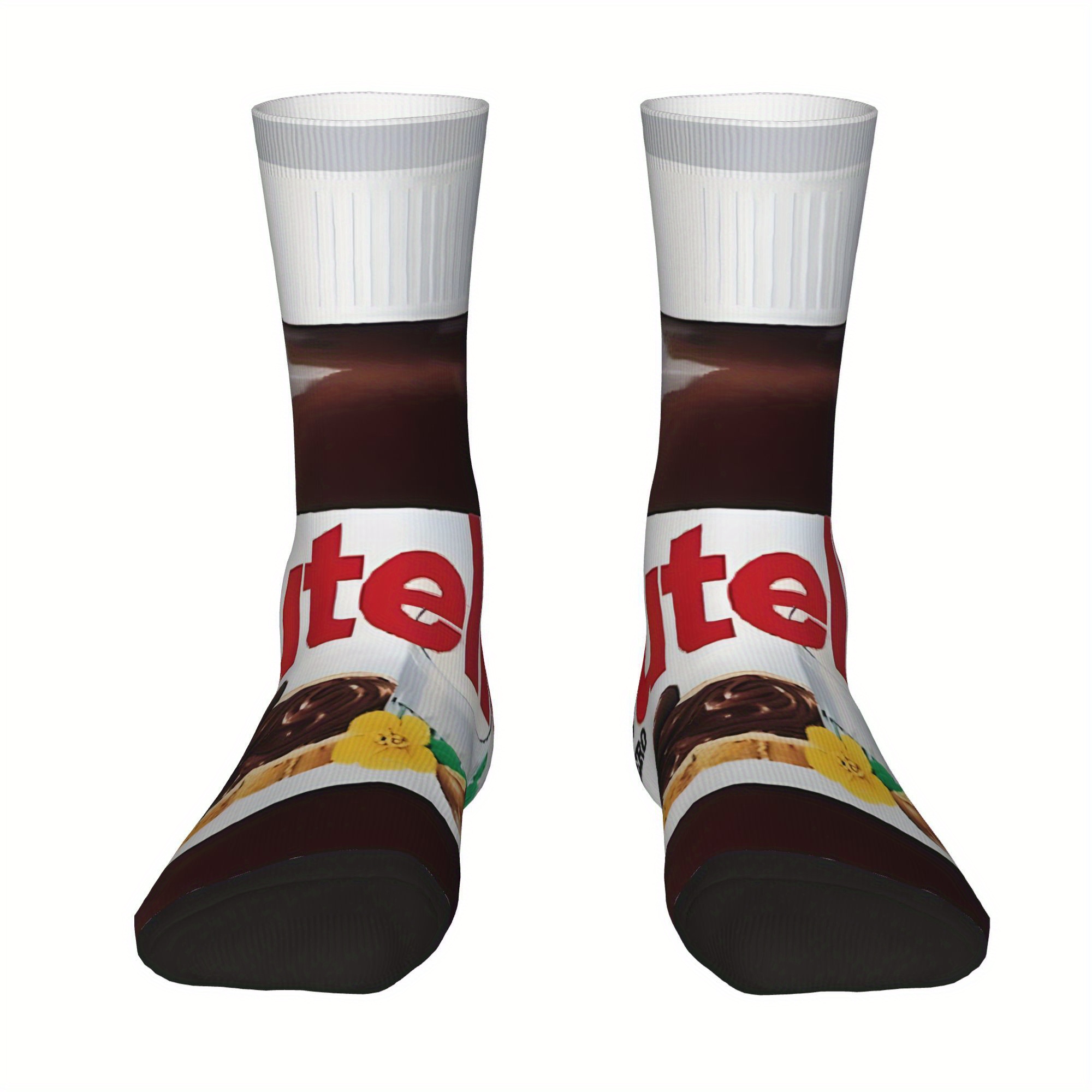 1 Pair Men'S Funny Novelty Crew Socks - Chocolate Hazelnut Spread Design, Hip Hop Harajuku Style, Polyester Knit Fabric (95% Polyester, 5% Elastane), Hand Washable - Ideal for Christmas Gifts and Casual Wear