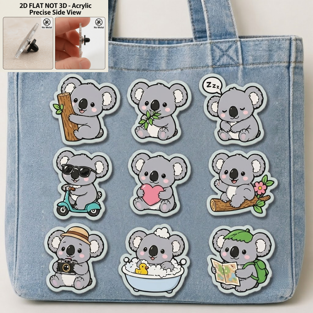 TEMU 2d Flat, 2d Flat Not 3d 9pcs Koala Badge Pin Set, Animal Koala Pin Accessories - Colorful Cartoon Acrylic Brooch Pins Suitable For Clothing And