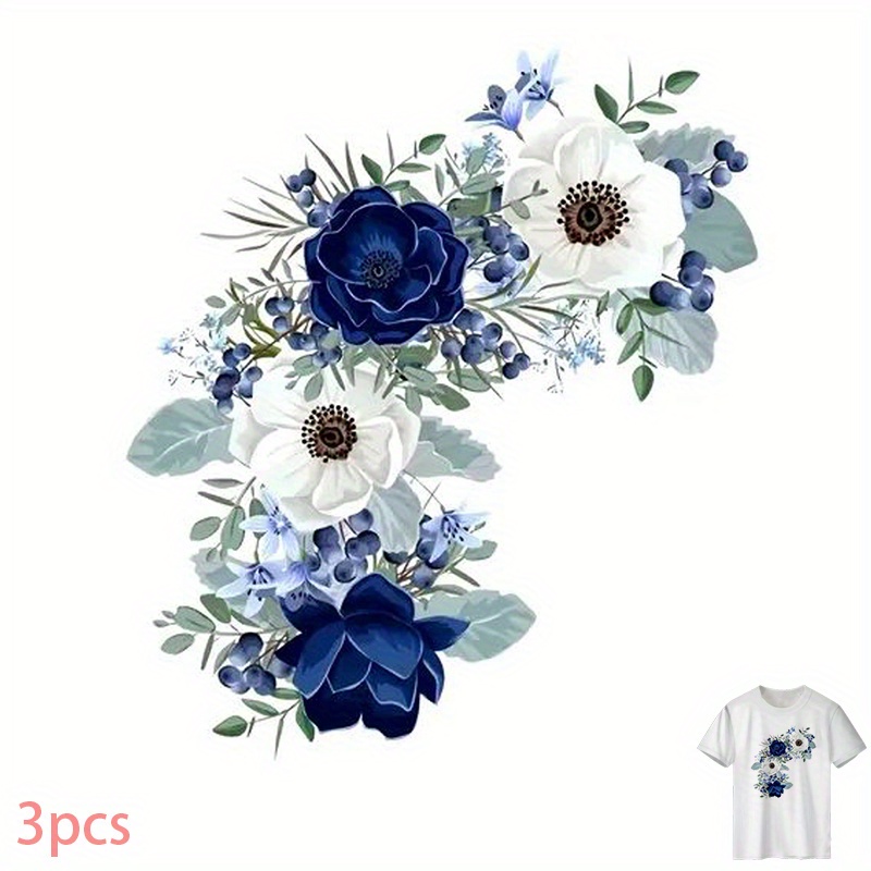 E-shop 3 Stück Blaue Blumen T-Shirt Wärmeübertragungsaufkleber DIY Heißtransfer-Aufkleber Kleidungsdekoration, Schneidbare Nähenlose Hochwertige