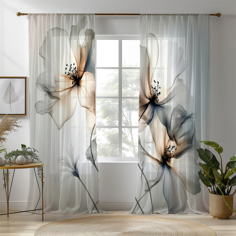 TEMU 2d Flat, 2pcs Curtains, 2d , Chiffon Sheer Curtains - Semi-transparent And Opaque , Living Room And Bedroom Decor Rod Bag Design, Nature- Decor,