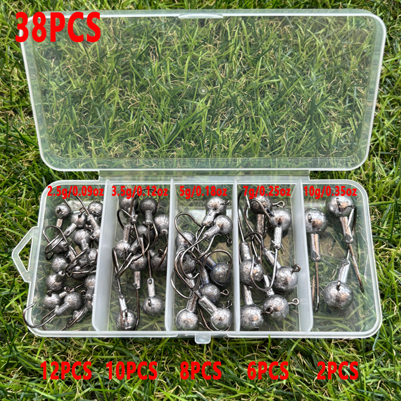 TEMU Ensemble de hameçons de pêche à têtes de jig à boule ronde non peintes, 38pcs/Boîte, 2.5G/3.5G/5G/7G/10G, Hameçons de jig pour leurres souples