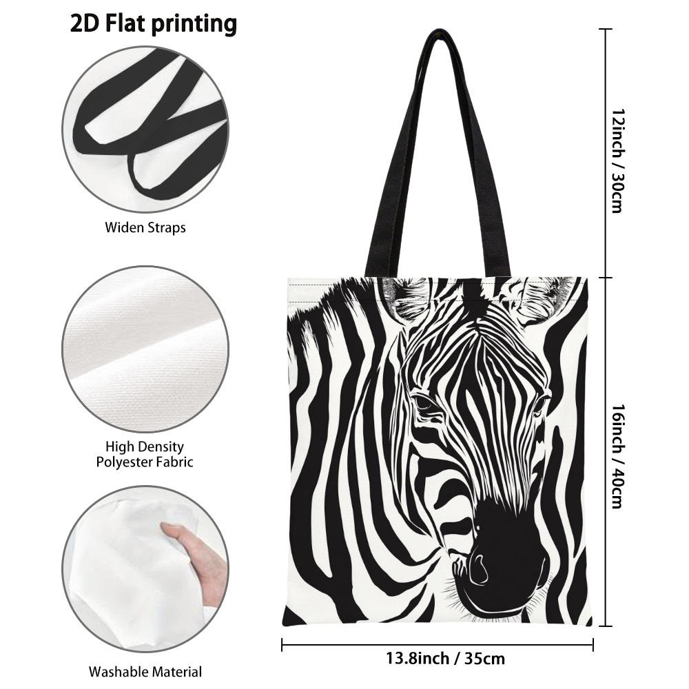 TEMU 1pc 2d Printed Zebra Black And White Theme Tote Bag - Versatile Reusable Grocery Bags, Lightweight Foldable Shoulder Bag With Fixed Strap For