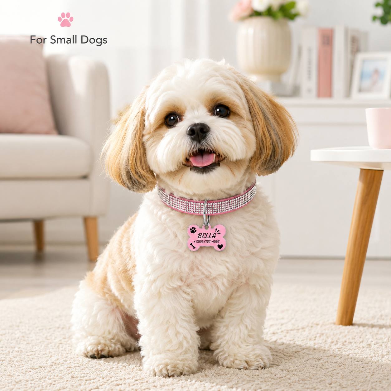 Diamond-Studded Pet Collar with Engravable Bone Dog Tag