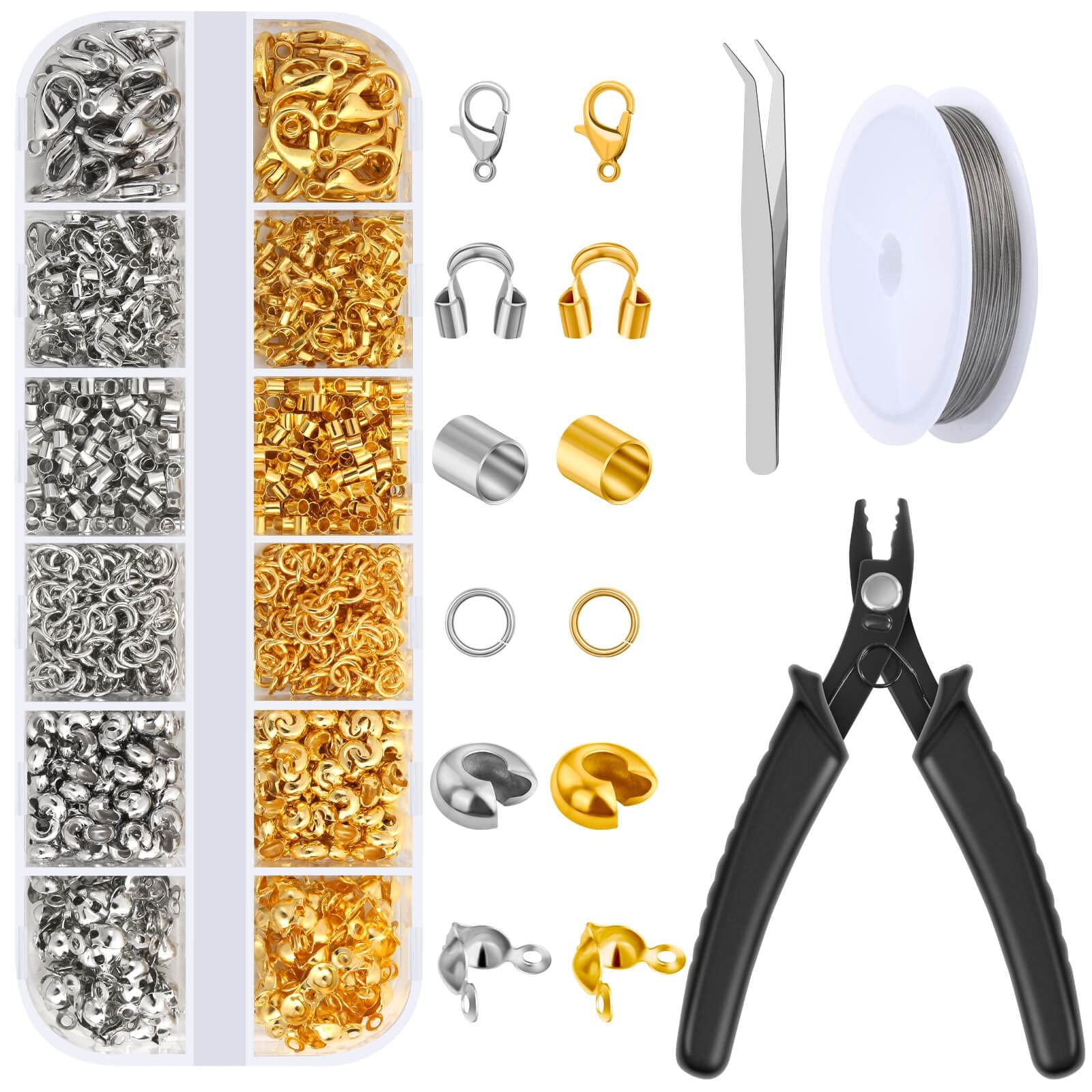 

1200pcs Jewelry Making Press-on Bead Kit, Includes Press-on Beads, Press-on Clasps, Press-on Tubes, Wire Guards, Lobster Clasps, Open Rings, Wire Pliers, And Jewelry Making Beading Wire