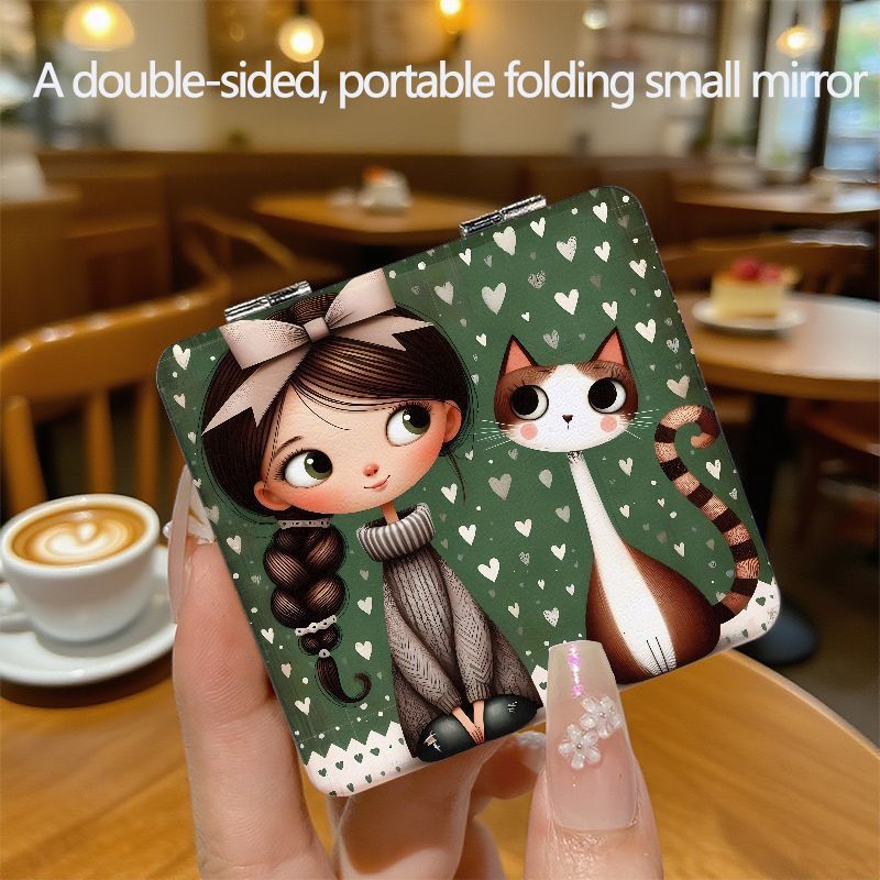 TEMU Specchio in stile e americano, questo mini specchietto portatile 癡 per gli studenti. un design a animati, pieghevole su entrambi i lati e