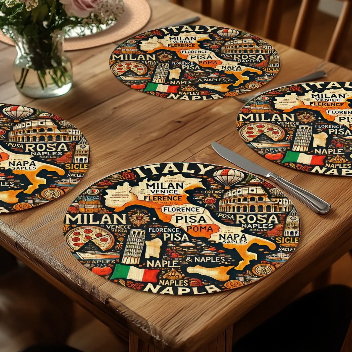 TEMU 6pcs Italy-themed Round Placemats Suitable For Italian Landmarks Table Protectors With Florence, Venice, - 15x15 Inch Table Decor For