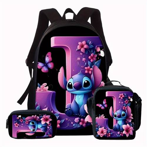 3pcs letter backpack set a z theme purple floral pattern shoulder bag set unisex fashion print schoolbag trio daily use or travel