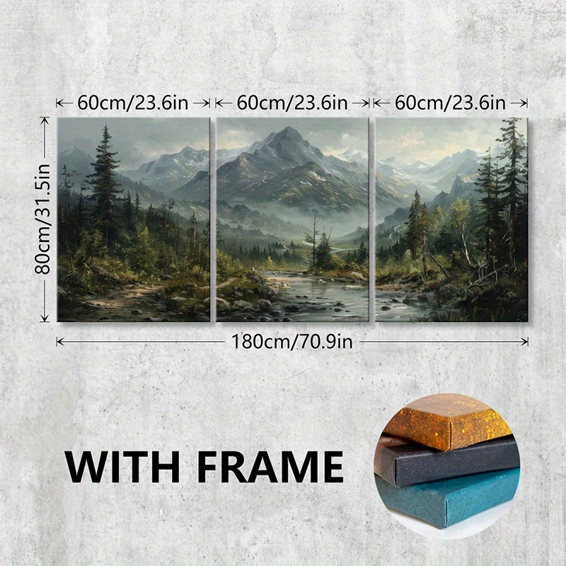 TEMU 3pcs/ Set Wooden Framed Canvas Poster, Mountain Landscape, Forest Stream, Snowy , Pine Trees, Wall Art Painting For Living Room, Bedroom,