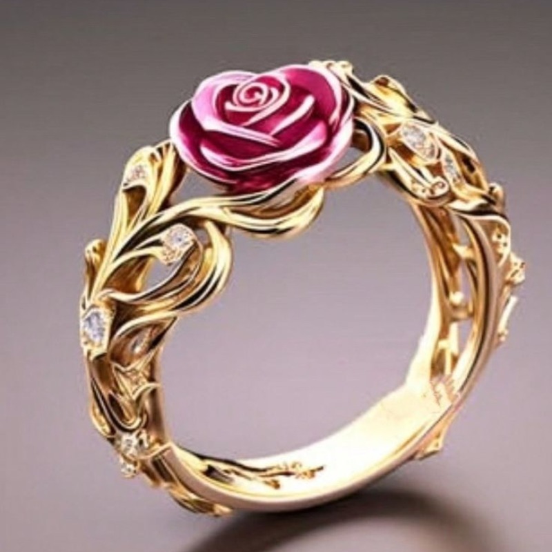 Women's Hollow Vine & Red Rose Design Plated Ring