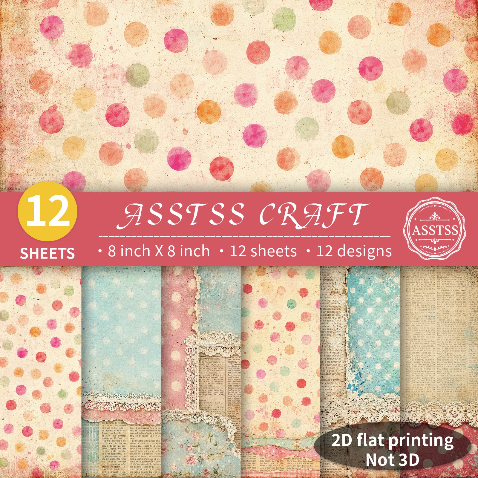 TEMU 12-sheet Asstss 8x8 Inch Scrapbooking Paper Pad, Plane/2d Flat Vintage Shabby Chic Polka Dot Lace Background Style Backing Paper Supplies,