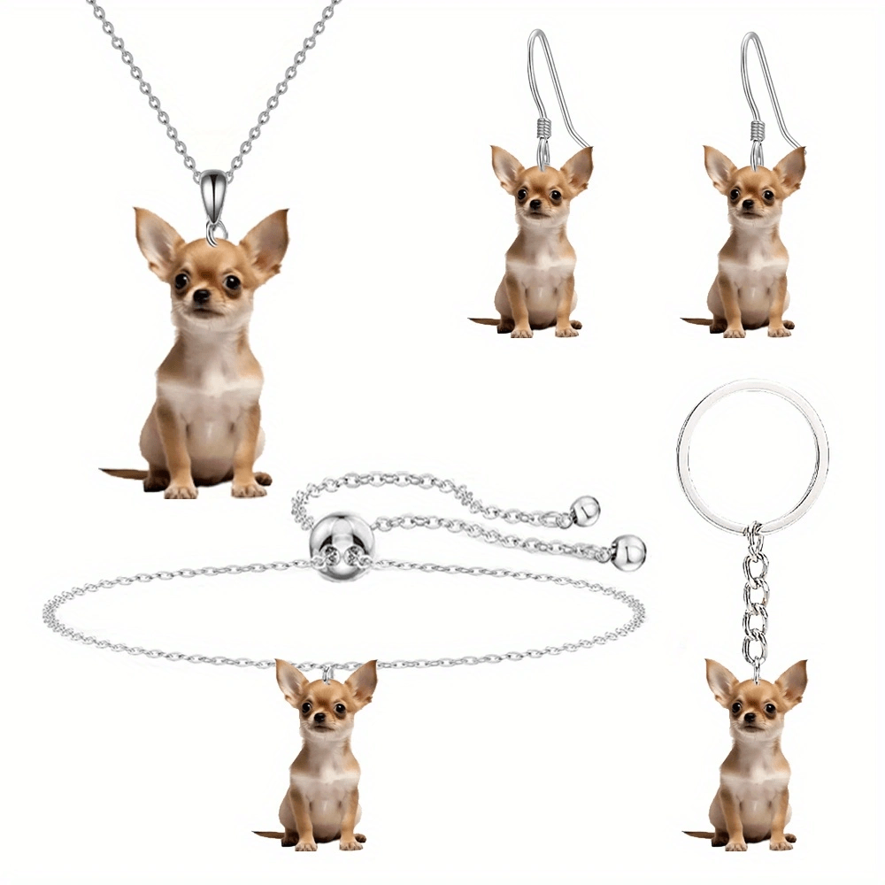 TEMU 5pcs Yellow Cute Chihuahua Jewelry Set Necklace Bracelet Key Chain Earrings Holiday Gift Jewelry Set 4 Sets