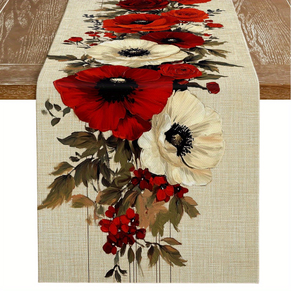TEMU 1pc, Dark Red Poppy Bouquet Table Runner, Vintage Floral Tablecloth, Style Polyester Table Cover With Clear Long Print Design, Home Decor For
