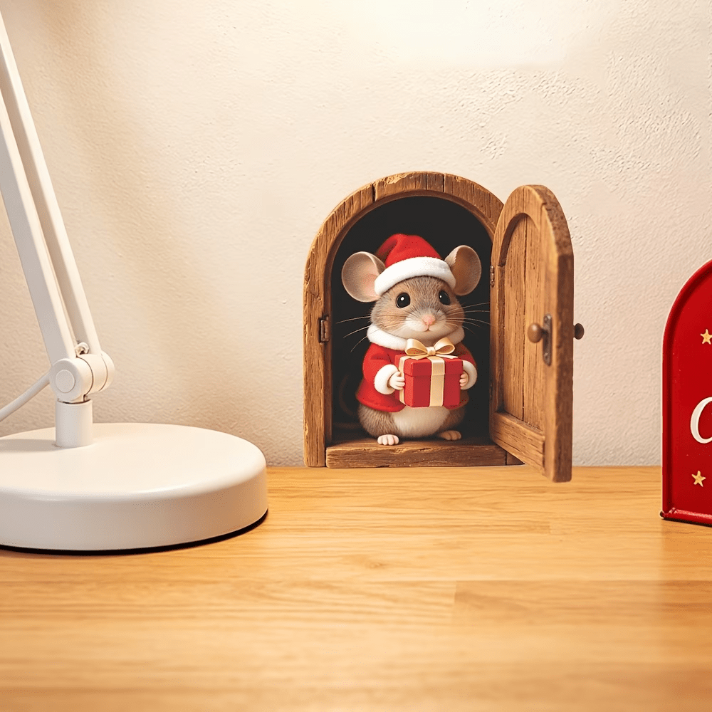 TEMU 2d Flat Sticker, 1pc, Christmas Mouse Opening The Door To Deliver Gifts Wall Decal, Christmas Decoration, Christmas Gift, Winter Decoration, Fun