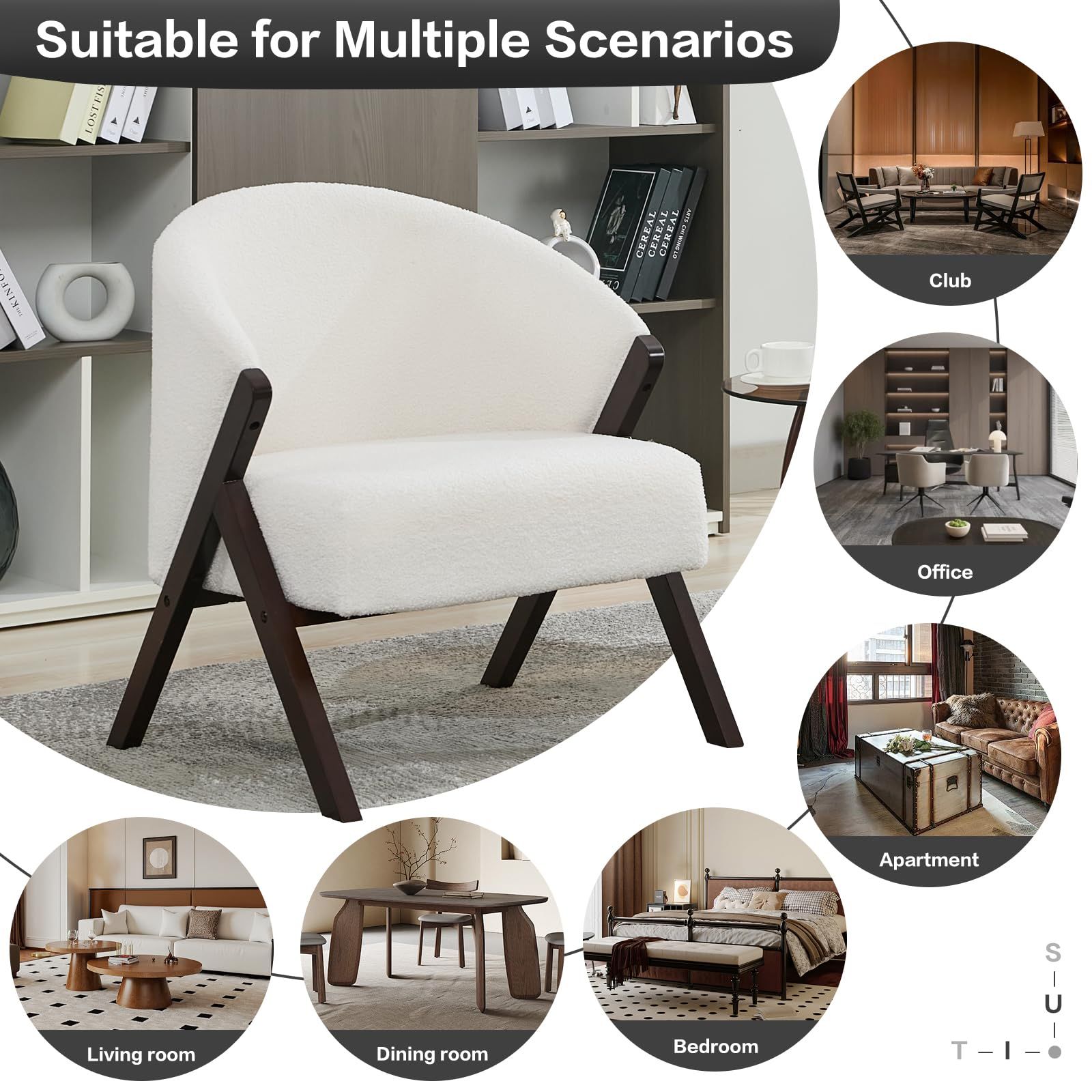 SLEKVERSA Teddy Accent Chair, Mid-Century Modern Wooden Accent Chair with Wood Legs, Comfy Upholstered Reading Leisure Chair for Living Room Bedroom Waiting Room, Beige