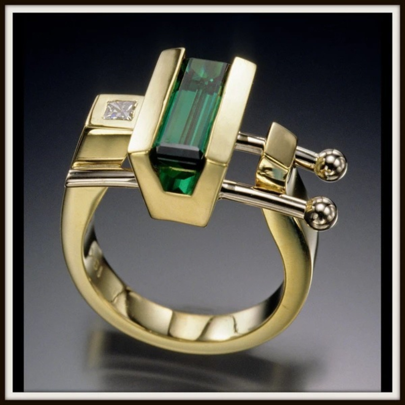 

1pc Women's , 18k Gold Alloy Synthetic Emerald And Accents,