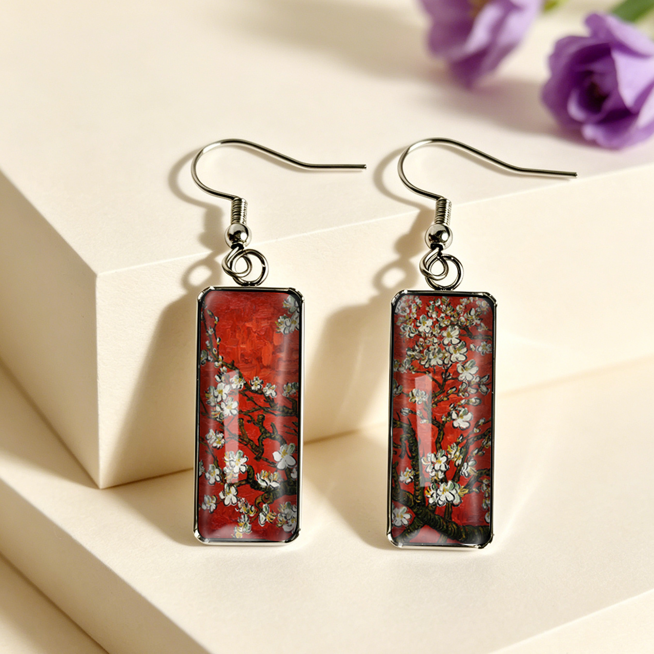 TEMU 1 Van Gogh Almond Oil Painting Geometric Ear Hooks Floral Versatile Long Earrings Stainless Steel Time Gem Women's Earrings