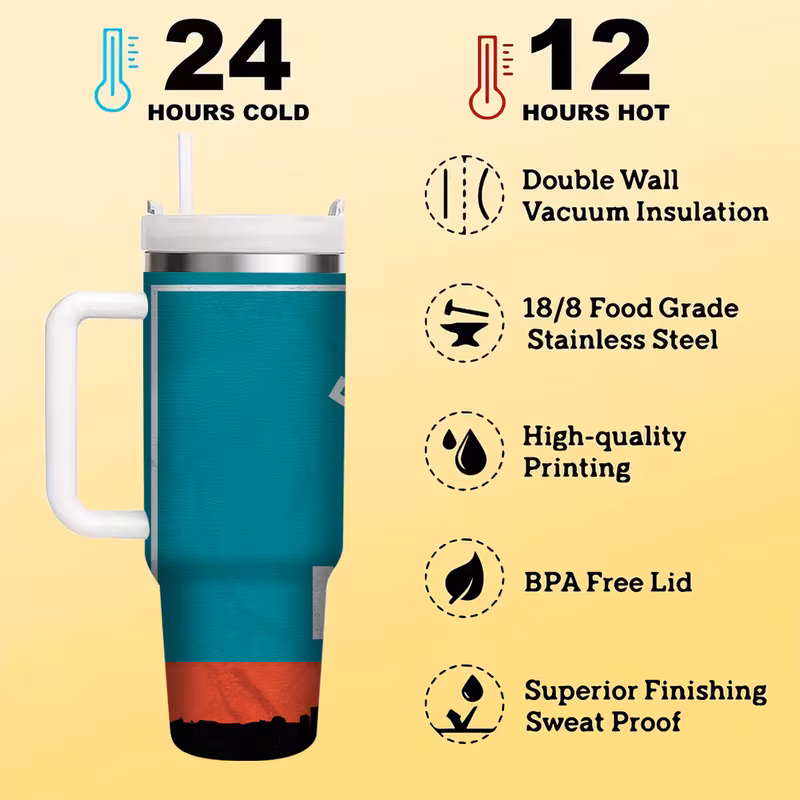miami football 40oz stainless steel tumbler vacuum insulated travel mug with straw for coffee tea cold drinks durable portable 5