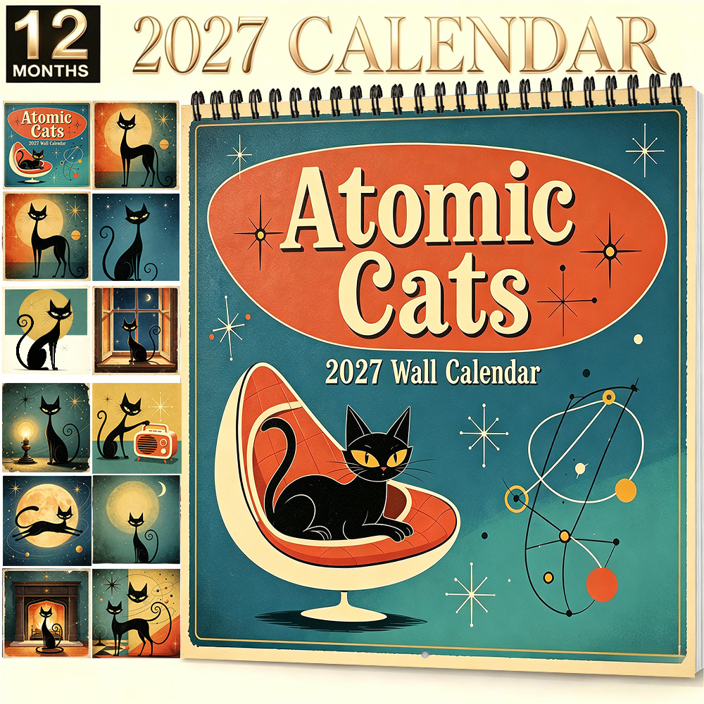 TEMU 2027 Retro Atomic Cats Wall Calendar 8.3 X 8.3 Inch Mid-century Hanging Calendar Christmas Halloween New Year Back To School Gift Cute Black Cat