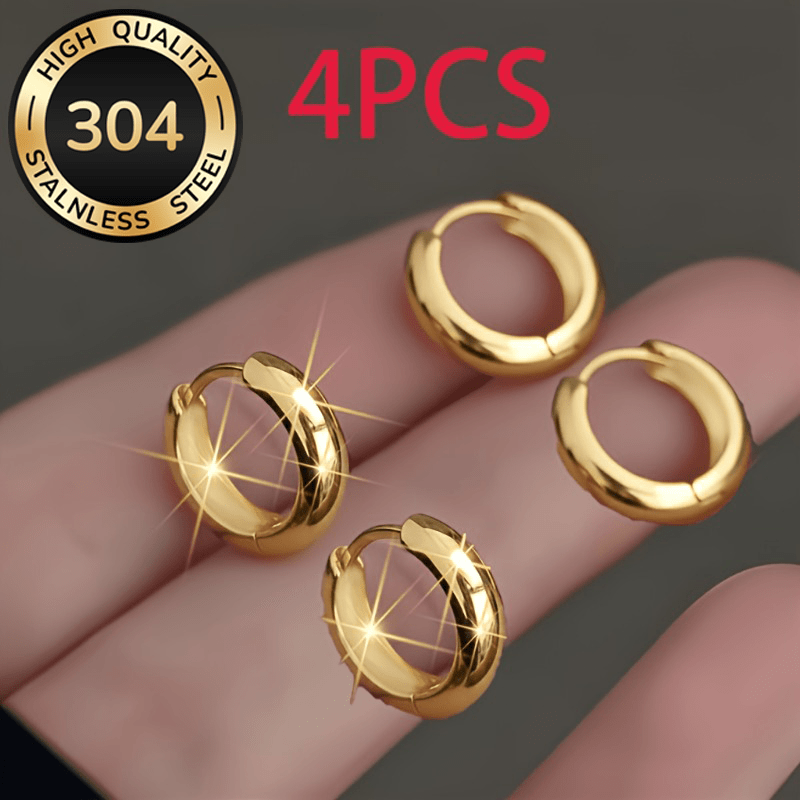 TEMU 4pcs Boucles d'oreilles classiques et élégantes en acier inoxydable doré, Boucles d'oreilles pour femmes, Accessoires de mode pour femmes, Clous