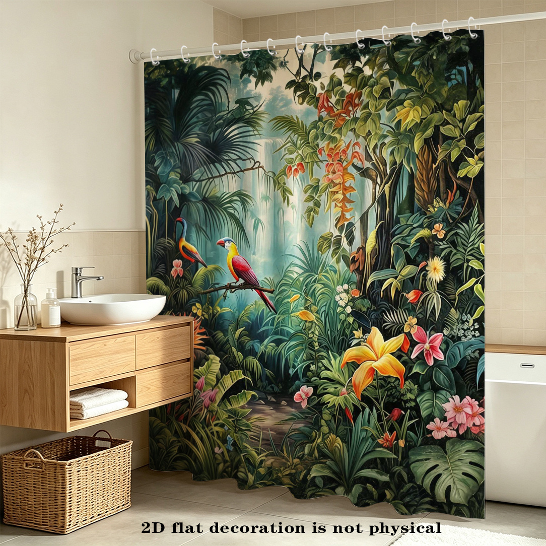 TEMU 2d Flat, 2d Flat, 2d Curtain 1pc Tropical Pattern Curtain, High-end Elegant Print With Hook, , Bathroom Home Decor, Shower Curtain For Bathroom