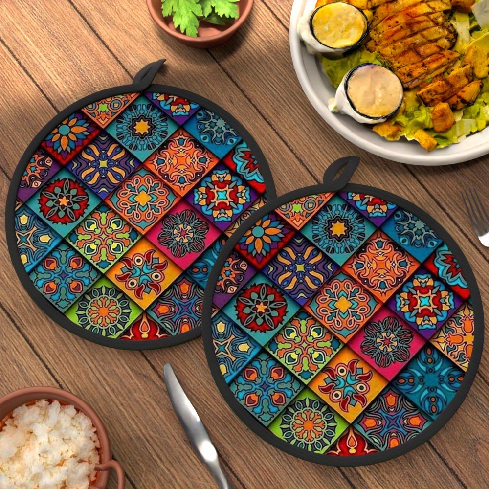 TEMU Set Of 2, 8x8 Inch Round Bohemian Style Colorful Artistic Pattern Single-sided Printed Heat-resistant Pads, Suitable For Hot Plates, Pots And