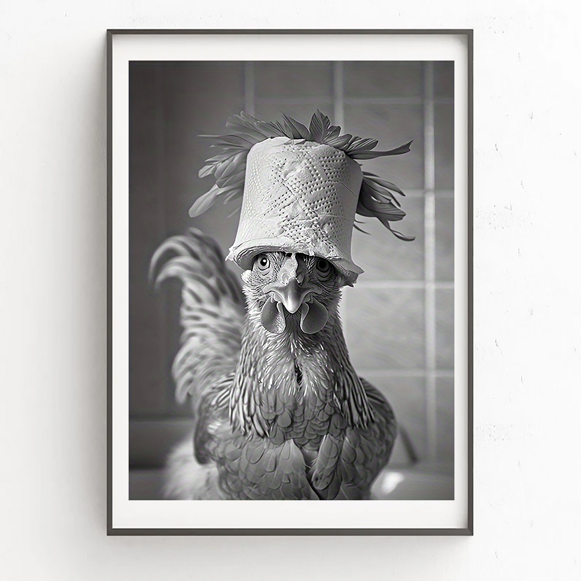 E-shop 2D Flach, 2D Flach 12x16 Zoll Humorvolle Hühner-Wandkunst – Einzigartiger Federhut Design, Hochwertige rahmenlose Leinwand Moderne Deko,