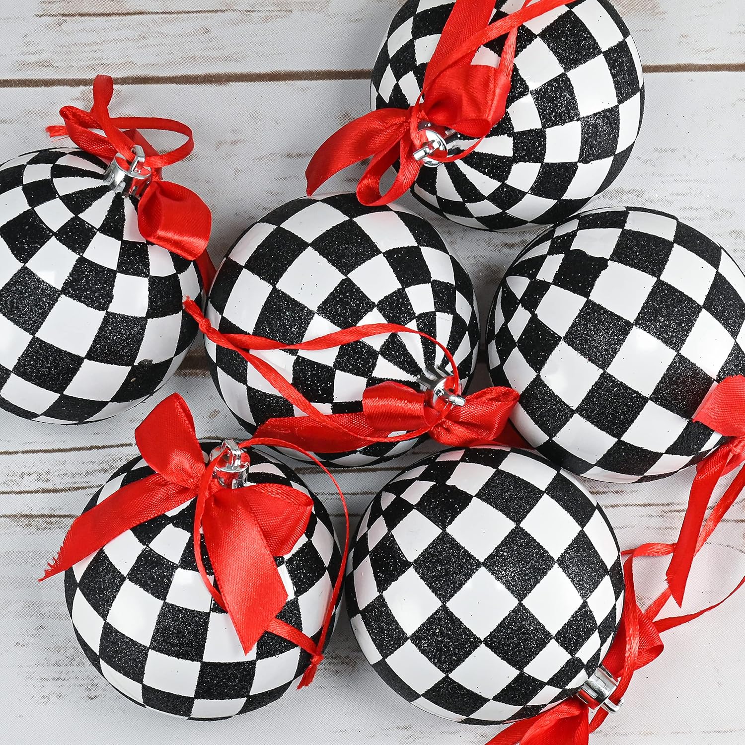 TEMU 6pcs, 6cm/2.36inch Black And White Checkered Racing Christmas Ball Ornaments Hanging Decorations - Christmas Tree Decorations, Plastic Hanging