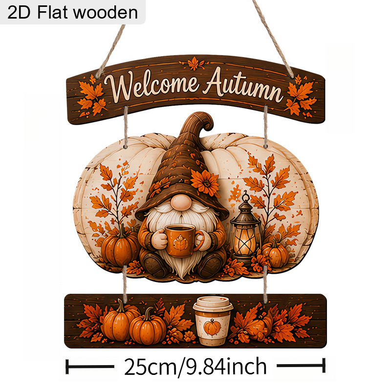 TEMU 2d Flat Decoration, 3pcs 2d Wooden Autumn-themed Wall Hanging Decor Set, Featuring A Gnome Sitting On A Large Pumpkin, Holding An Autumn Coffee