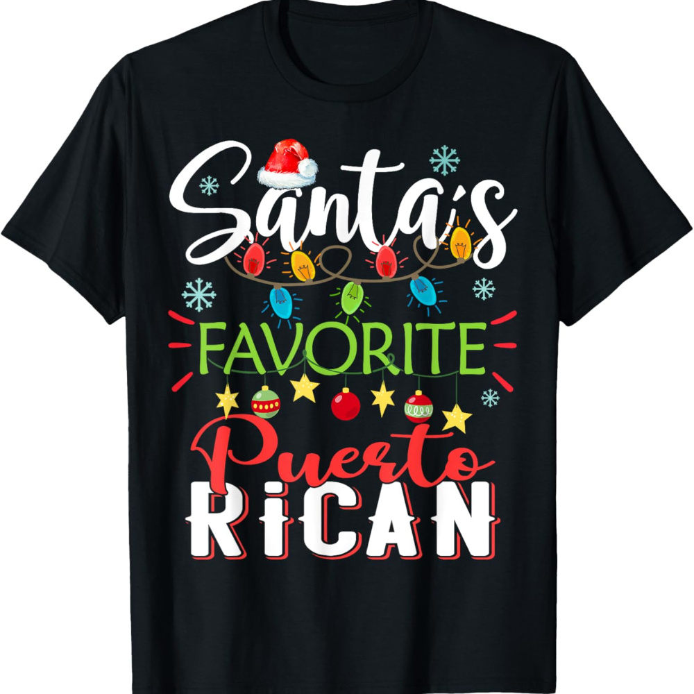 

Puerto Rican Light Santa Hat Christmas T-shirt, Soft, Casual Wear, Christmas Thanksgiving Day Gift Idea, Men' 180g Cotton Round Neck Printed T-shirt