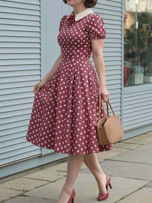 peter pan collar short sleeve polka dot waist cinched midi dress womens summer dress retro elegant for spring and summer everyday and semi formal occasions does not other combination items