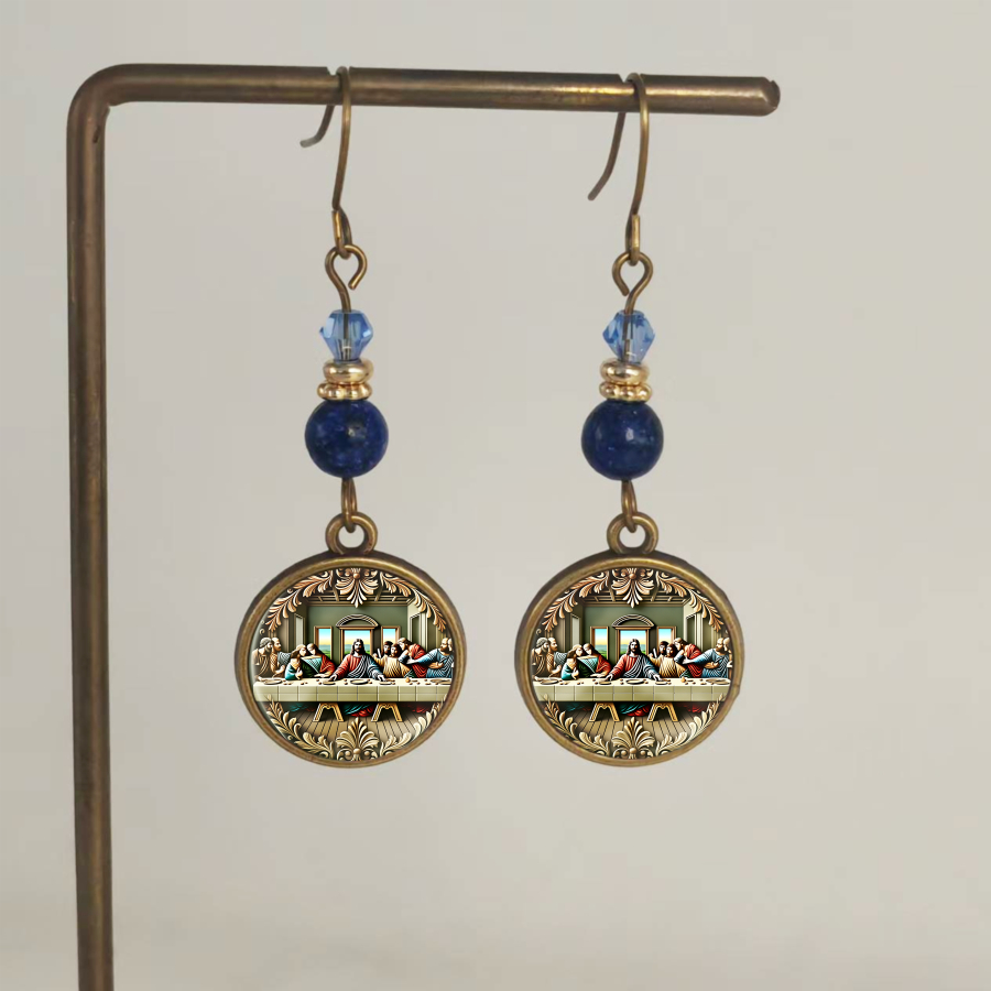 TEMU 2pcs Earrings Featuring Design, Perfect For With Faith. Circular Earrings Depict A Table Scene And Make For Unique Jewelry Additions, Ideal For