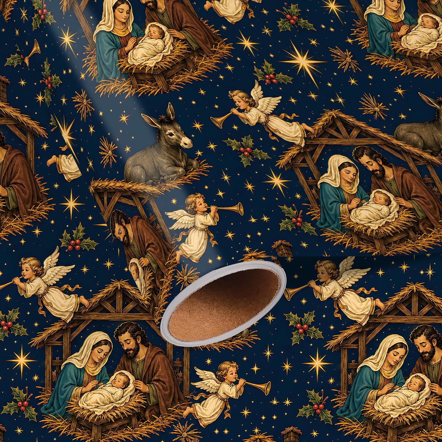 TEMU Rouleau de de Noël de la - 17.7 X 118 pouces, joli emballage cadeau de fête religieuse avec bébé, Marie, Joseph, , de manger et design de nuit