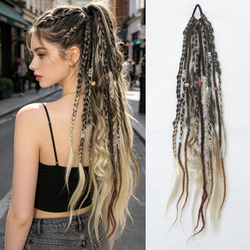 TEMU Perruque queue de cheval dreadlocks vikings tissée à - Postiche dreadlocks amovible avec options beige multilumineux, cheveux artificiels