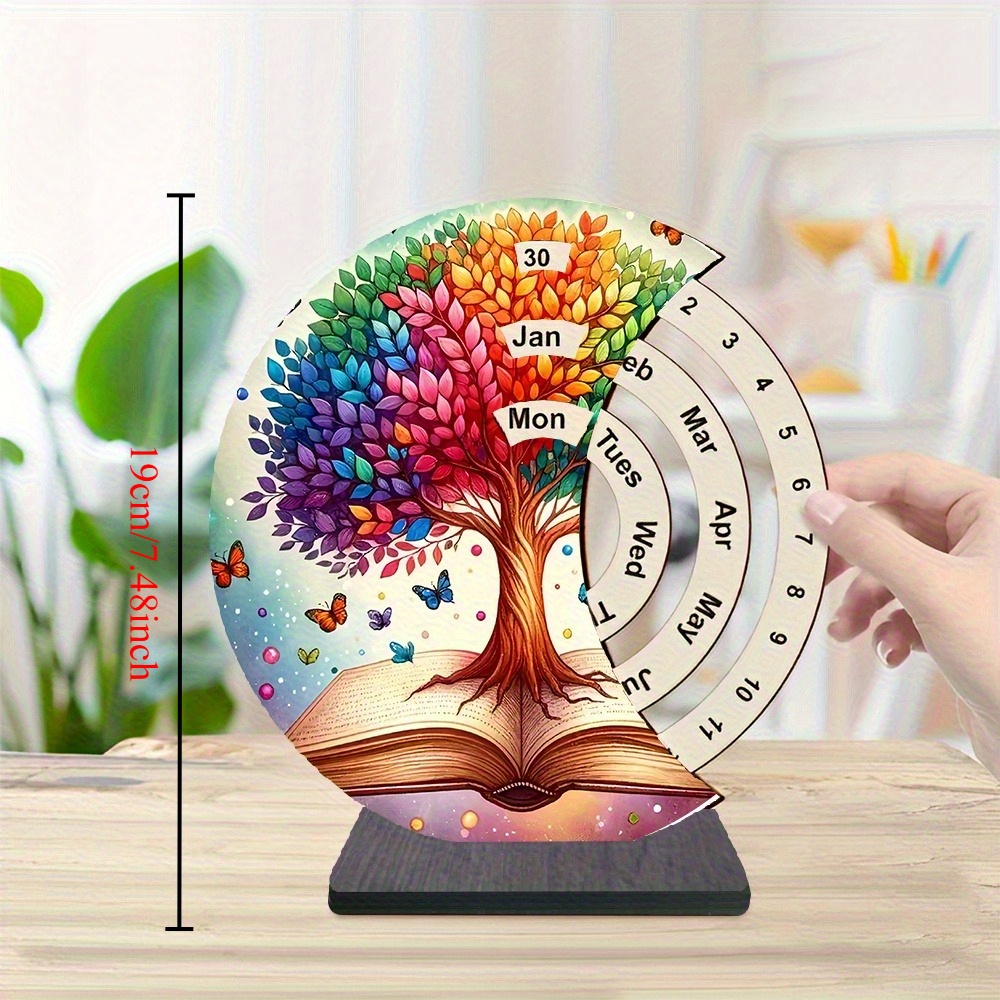 TEMU Art 2d Flat - Integrated Rotatable Wooden Calendar, Featuring Design, With Colorful Leaves And Butterflies, Ideal For Home, Office, Or Bedroom