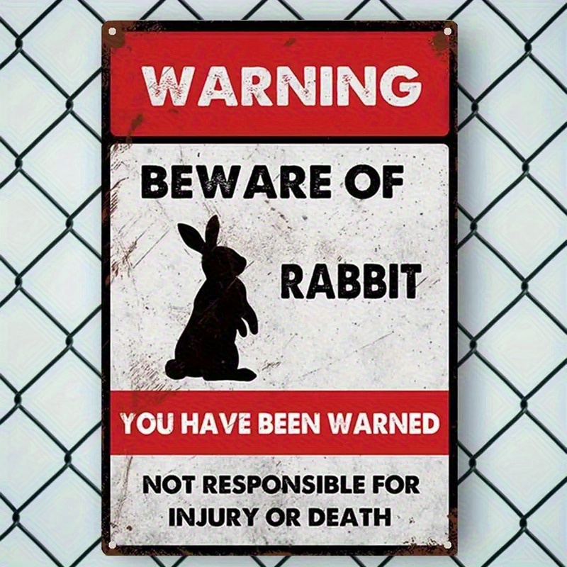 Image of Vintage Rabbit Metal Sign - Humorous "beware Of Rabbit" Warning Wall Art With Silhouette, Distressed Rustic Iron Decor For Home, Bar, Cafe, Office - Hook-mounted