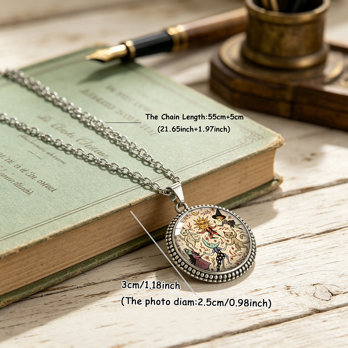 Sun Moon Animal Illustration Print Round Pendant Necklace, Unisex