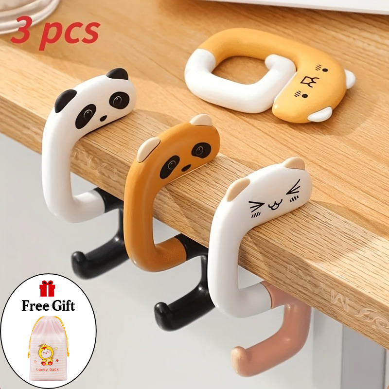TEMU 4pcs Set: 3 Portable Travel Cute Handbag Hooks + 1 Free Little Yellow Duck Storage Bag. Hung On Any Desktop. With Elastic Handles. Women's
