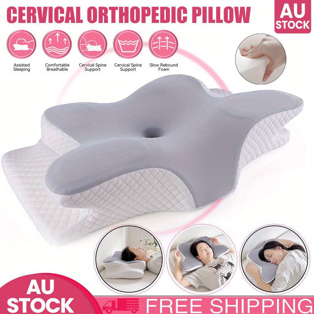 Ergonomic Sea Island Cotton Neck Pillow - Orthopedic Contour for Side, Back, Stomach Sleepers, Soft & Breathable, Machine Washable, grey, 1pc
