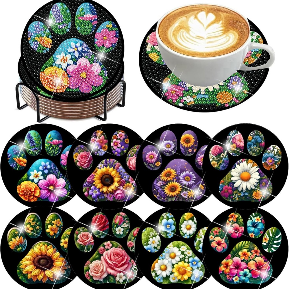 TEMU 8pcs/set Diamond Painting Coaster Set With Floral Pattern Coasters And Stand - Diy Craft Kit For Home Decoration, Beginners, Diamond Kit Craft