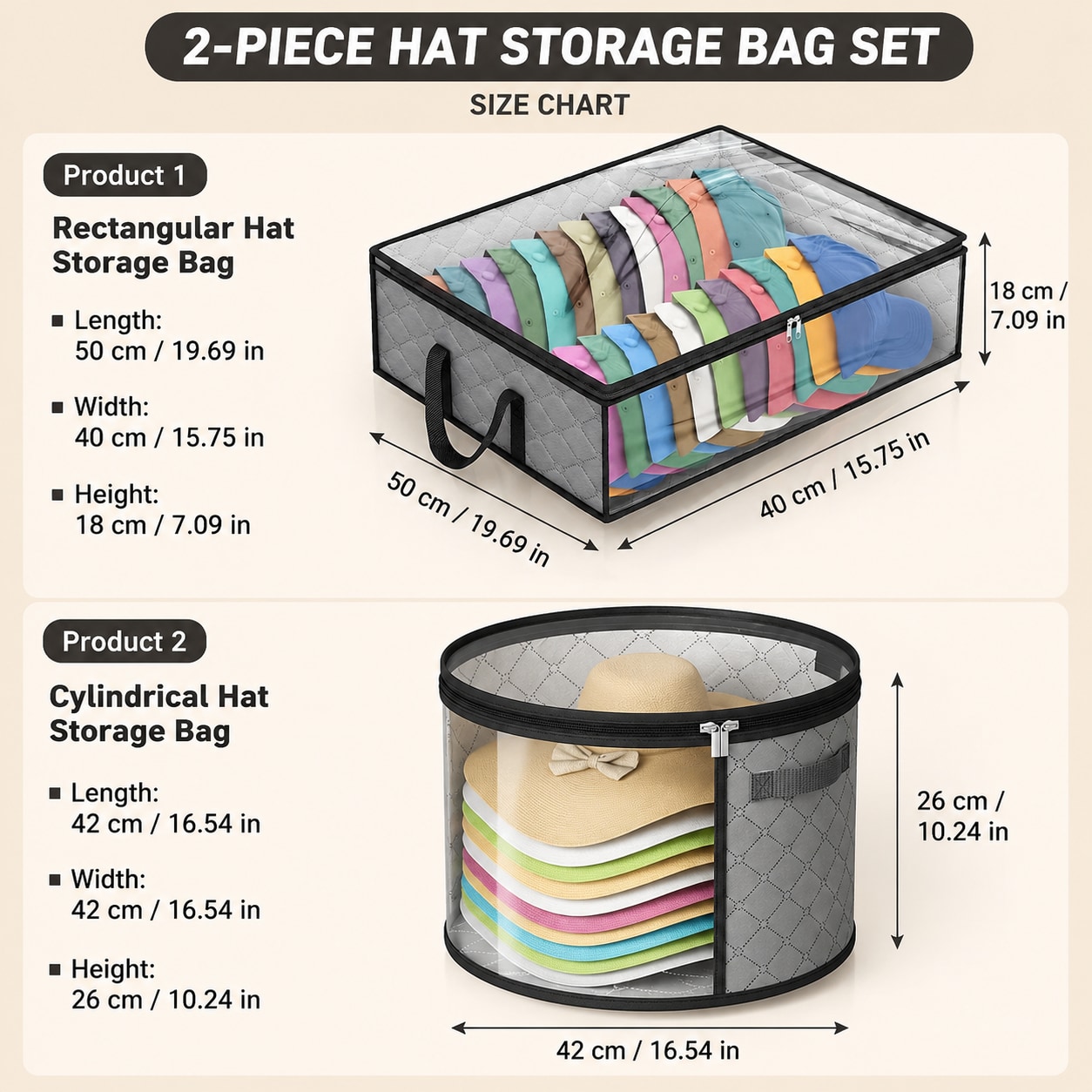 2pcs Set: Rectangular & Cylindrical Hat Storage Boxes